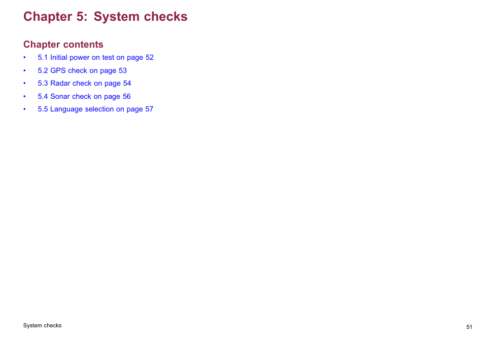 Chapter 5 system checks, Chapter 5: system checks, Chapter contents | Raymarine C90w User Manual | Page 51 / 92