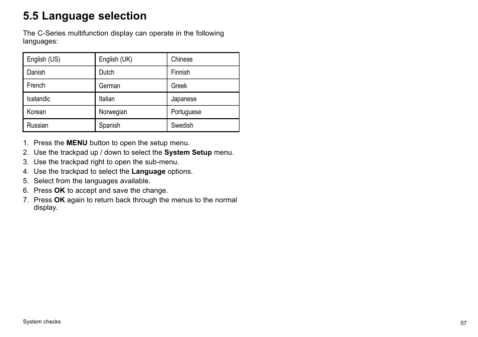 5 language selection | Raymarine C90w User Manual | Page 57 / 92