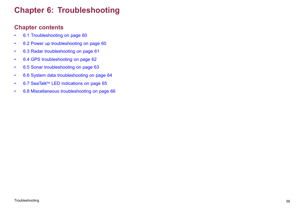 Chapter 6 troubleshooting, Chapter 6: troubleshooting, Chapter contents | Raymarine C90w User Manual | Page 59 / 92
