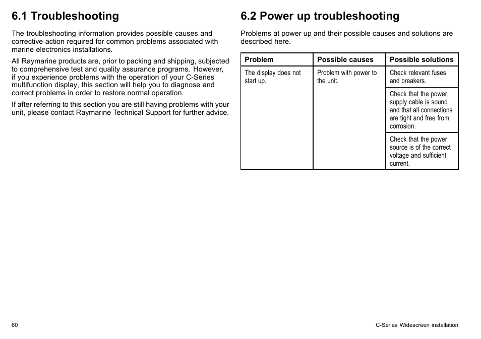 1 troubleshooting, 2 power up troubleshooting | Raymarine C90w User Manual | Page 60 / 92