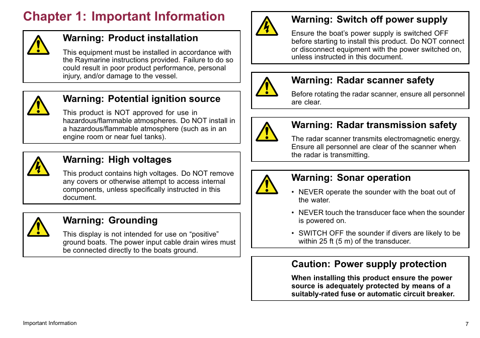 Chapter 1 important information, Chapter 1: important information | Raymarine C90w User Manual | Page 7 / 92