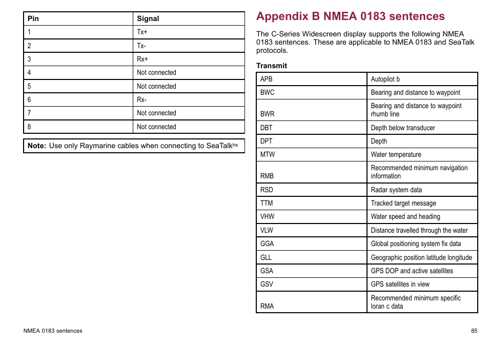 Appendix b nmea 0183 sentences | Raymarine C90w User Manual | Page 85 / 92