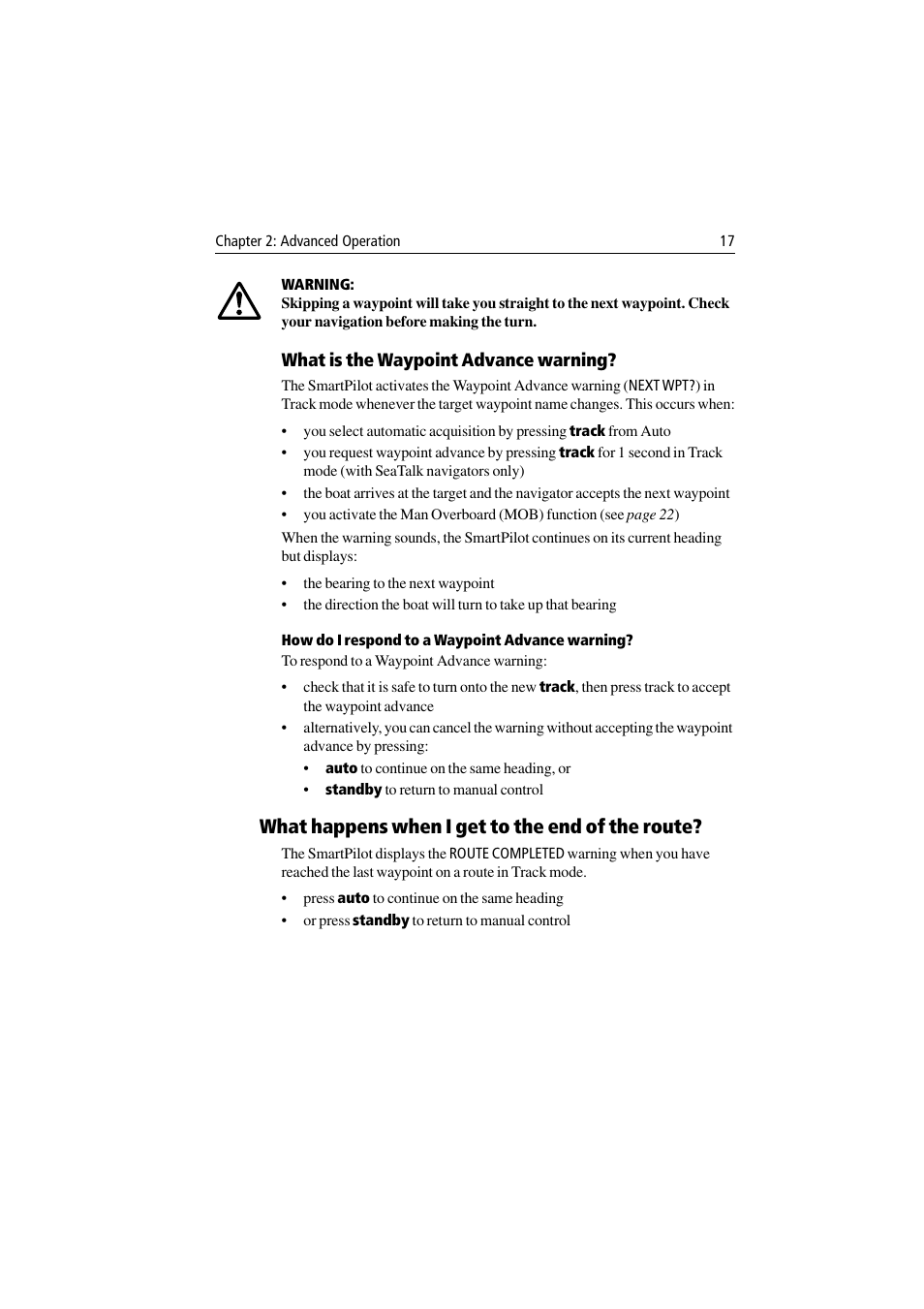 What happens when i get to the end of the route, What is the waypoint advance warning | Raymarine ST6001 User Manual | Page 23 / 48