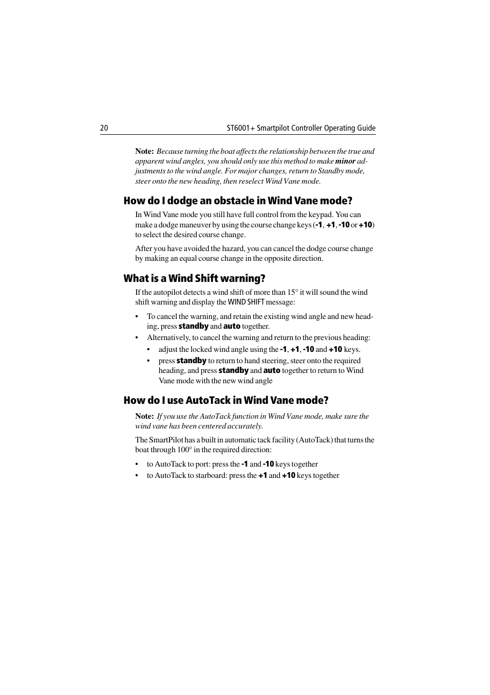 How do i dodge an obstacle in wind vane mode, What is a wind shift warning, How do i use autotack in wind vane mode | Raymarine ST6001 User Manual | Page 26 / 48