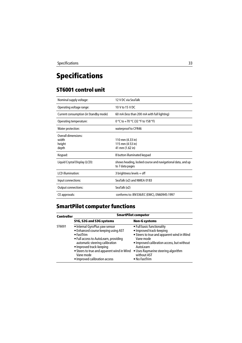 Specifications, St6001 control unit smartpilot computer functions | Raymarine ST6001 User Manual | Page 39 / 48