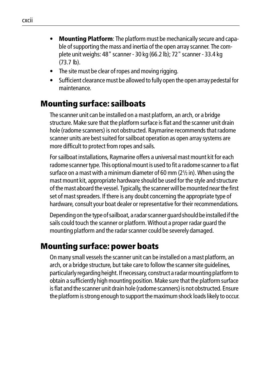 Mounting surface: sailboats, Mounting surface: power boats | Raymarine Pathfinder Radar Scanners User Manual | Page 22 / 66