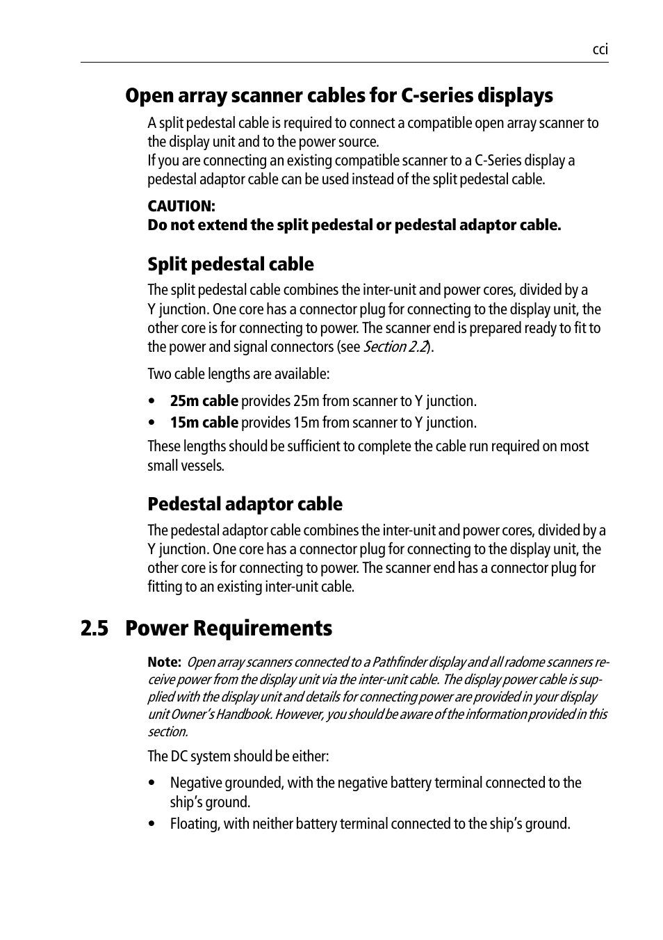 5 power requirements, Open array scanner cables for c-series displays, Split pedestal cable | Pedestal adaptor cable | Raymarine Pathfinder Radar Scanners User Manual | Page 31 / 66
