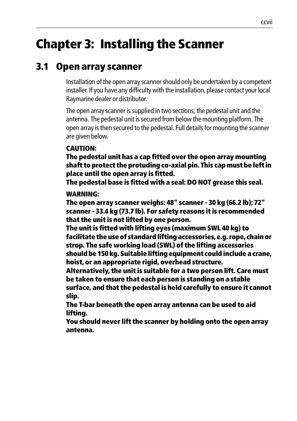 Chapter 3: installing the scanner, 1 open array scanner | Raymarine Pathfinder Radar Scanners User Manual | Page 37 / 66
