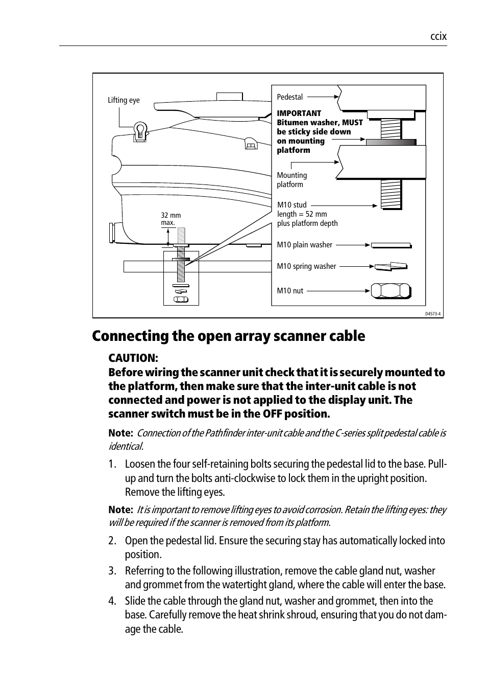 Connecting the open array scanner cable, Ccix | Raymarine Pathfinder Radar Scanners User Manual | Page 39 / 66