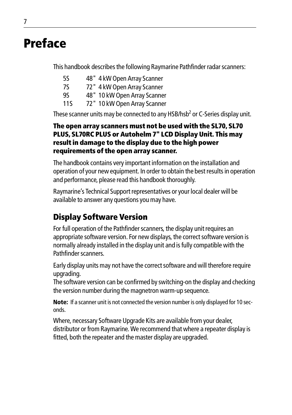 Preface, Display software version | Raymarine Pathfinder Radar Scanners User Manual | Page 5 / 66
