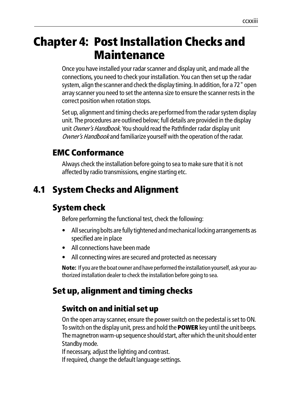 1 system checks and alignment, Emc conformance, System check | Set up, alignment and timing checks | Raymarine Pathfinder Radar Scanners User Manual | Page 53 / 66