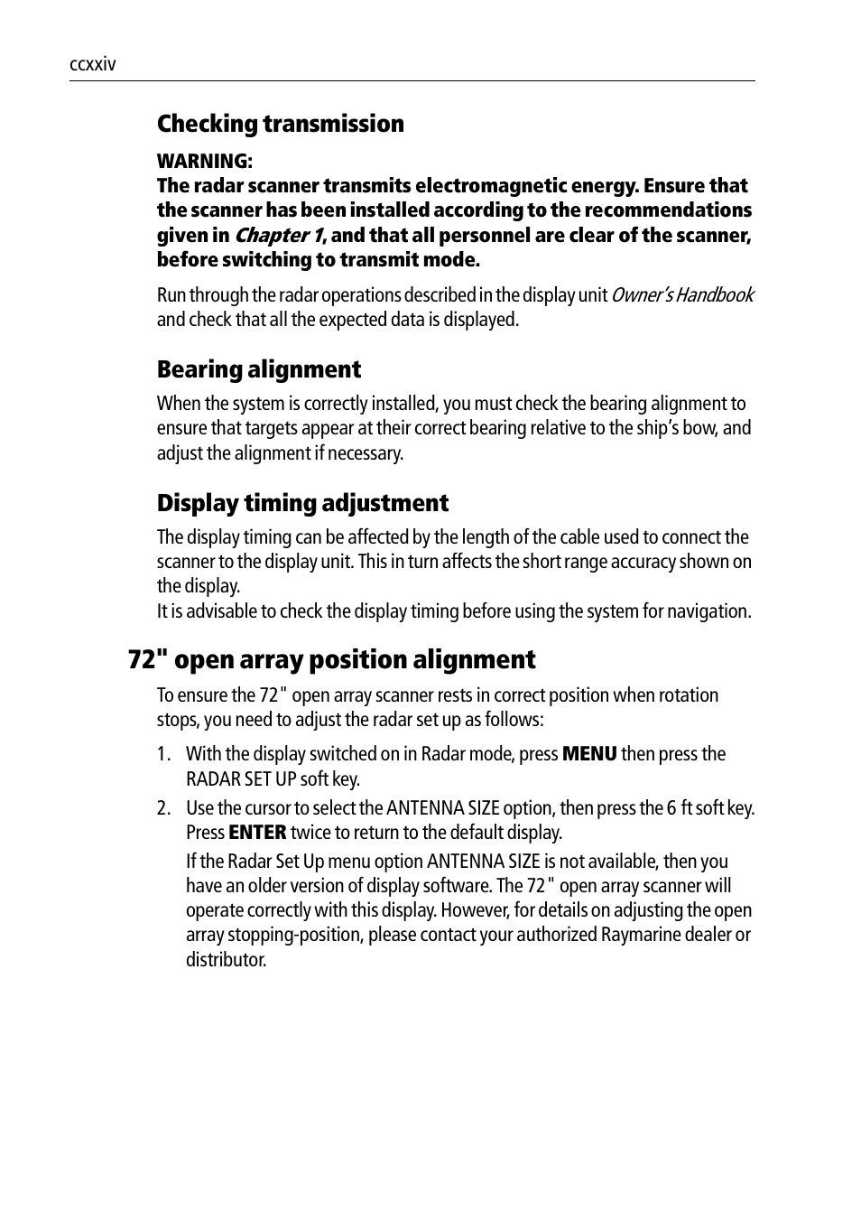 72" open array position alignment, Checking transmission, Bearing alignment | Display timing adjustment | Raymarine Pathfinder Radar Scanners User Manual | Page 54 / 66