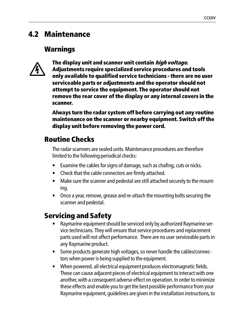 2 maintenance, Warnings, Routine checks | Servicing and safety | Raymarine Pathfinder Radar Scanners User Manual | Page 55 / 66