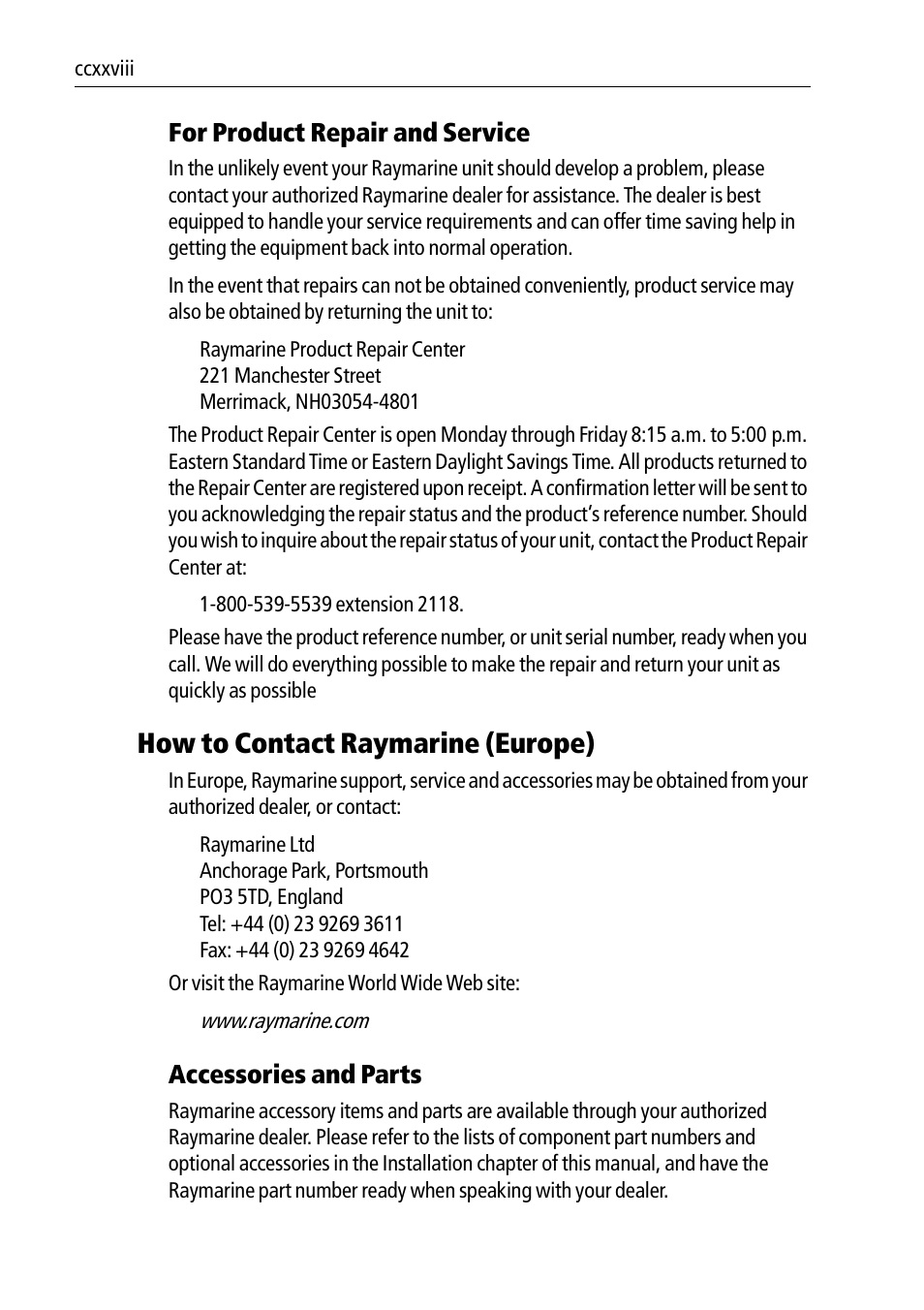 How to contact raymarine (europe), For product repair and service, Accessories and parts | Raymarine Pathfinder Radar Scanners User Manual | Page 58 / 66
