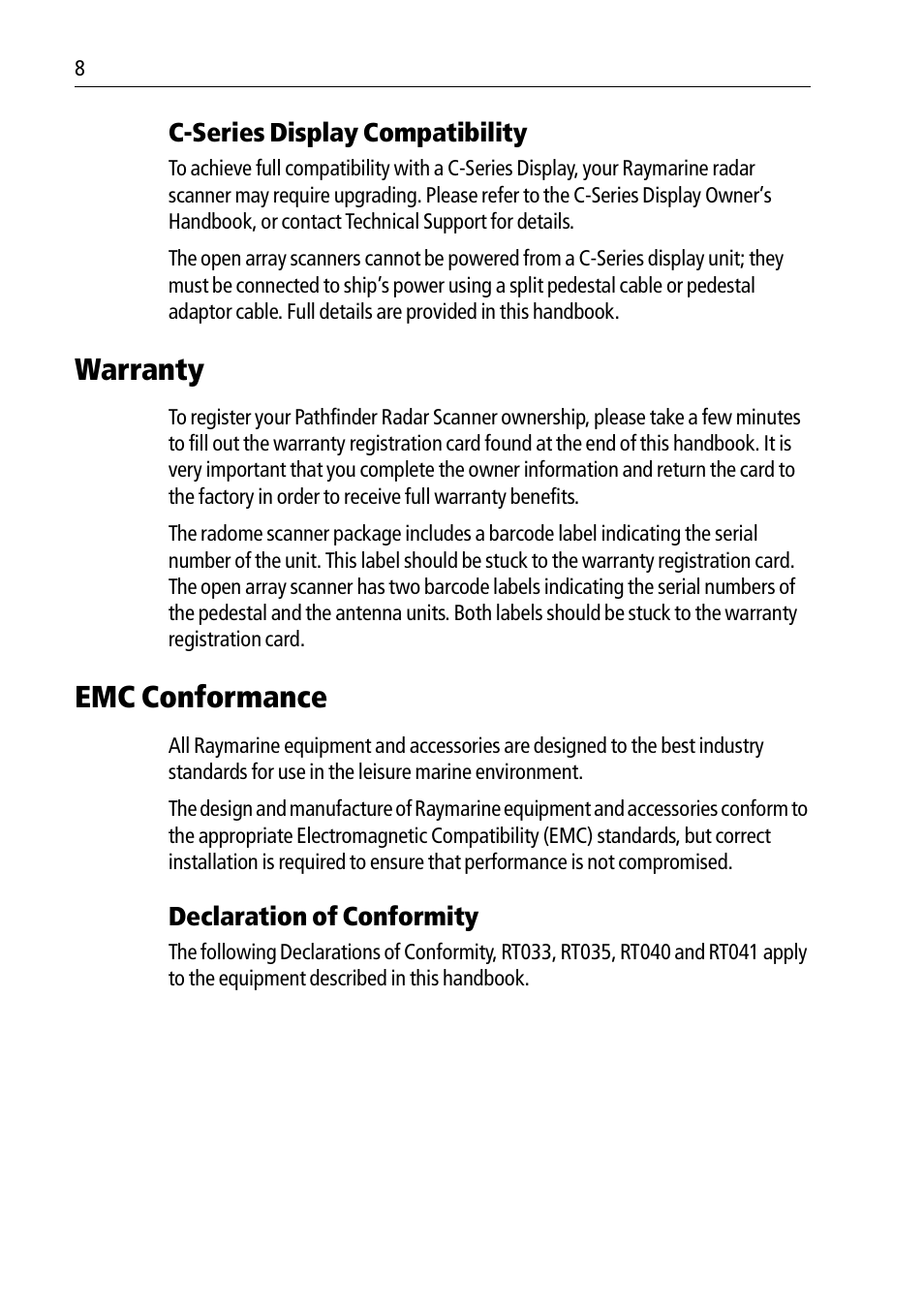 Warranty, Emc conformance | Raymarine Pathfinder Radar Scanners User Manual | Page 6 / 66