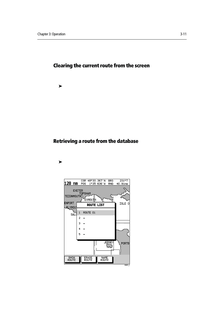 Clearing the current route from the screen, Retrieving a route from the database | Raymarine Chartplotter User Manual | Page 42 / 101