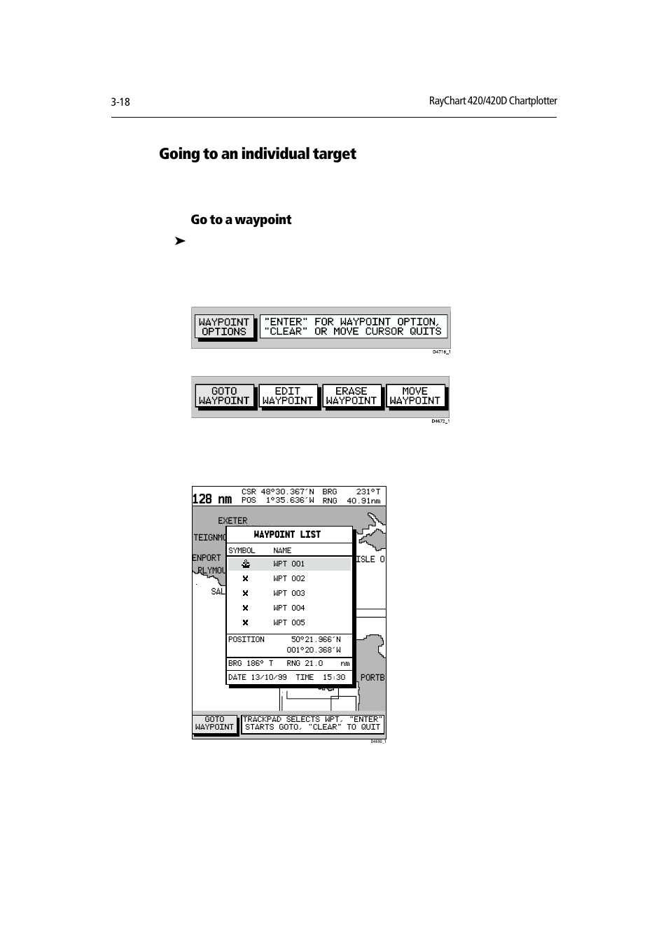 Going to an individual target, Go to a waypoint, 128 nm | Raymarine Chartplotter User Manual | Page 49 / 101