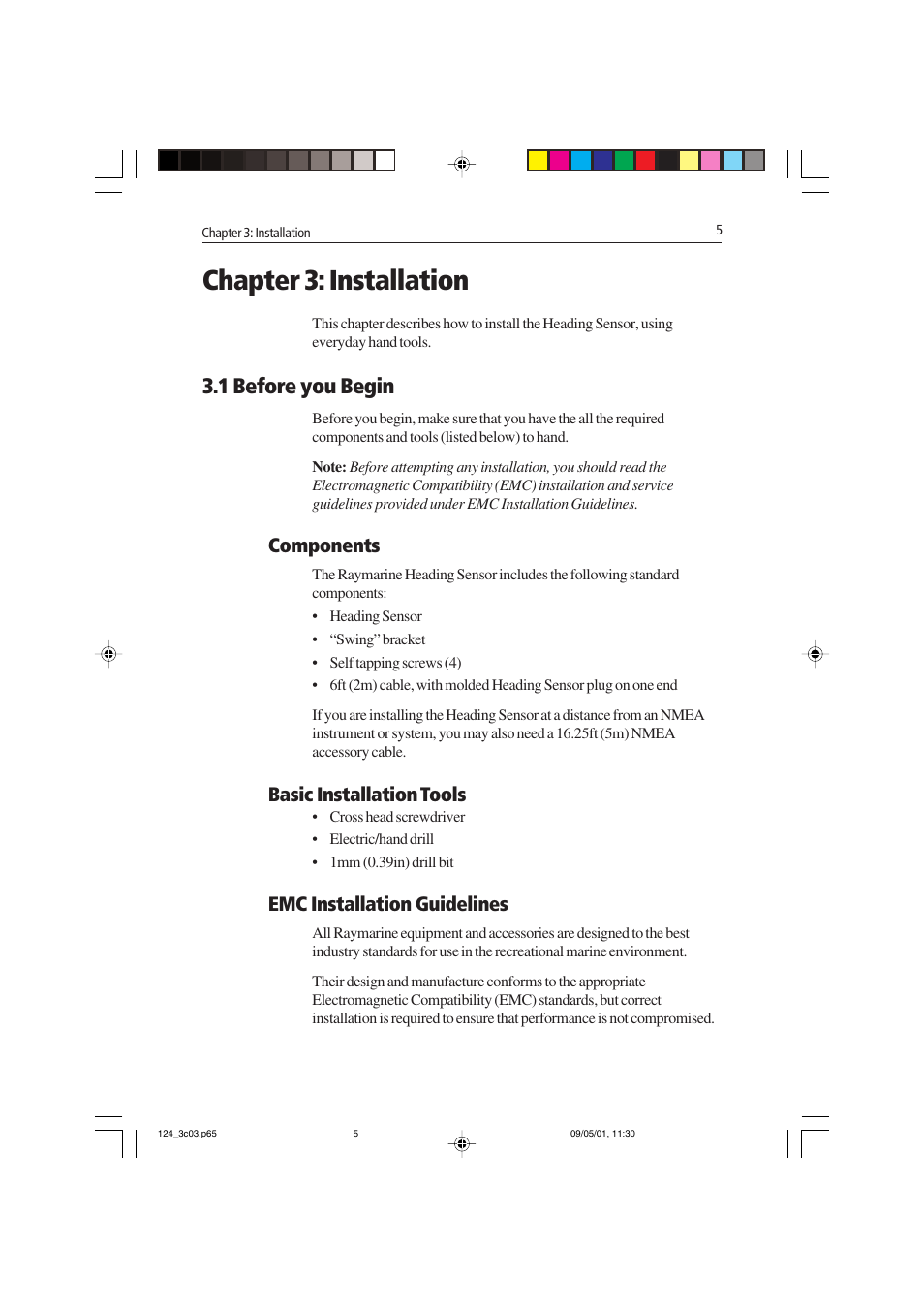 Chapter 3: installation, 1 before you begin, Components | Basic installation tools, Emc installation guidelines | Raymarine Heading Sensor User Manual | Page 11 / 24