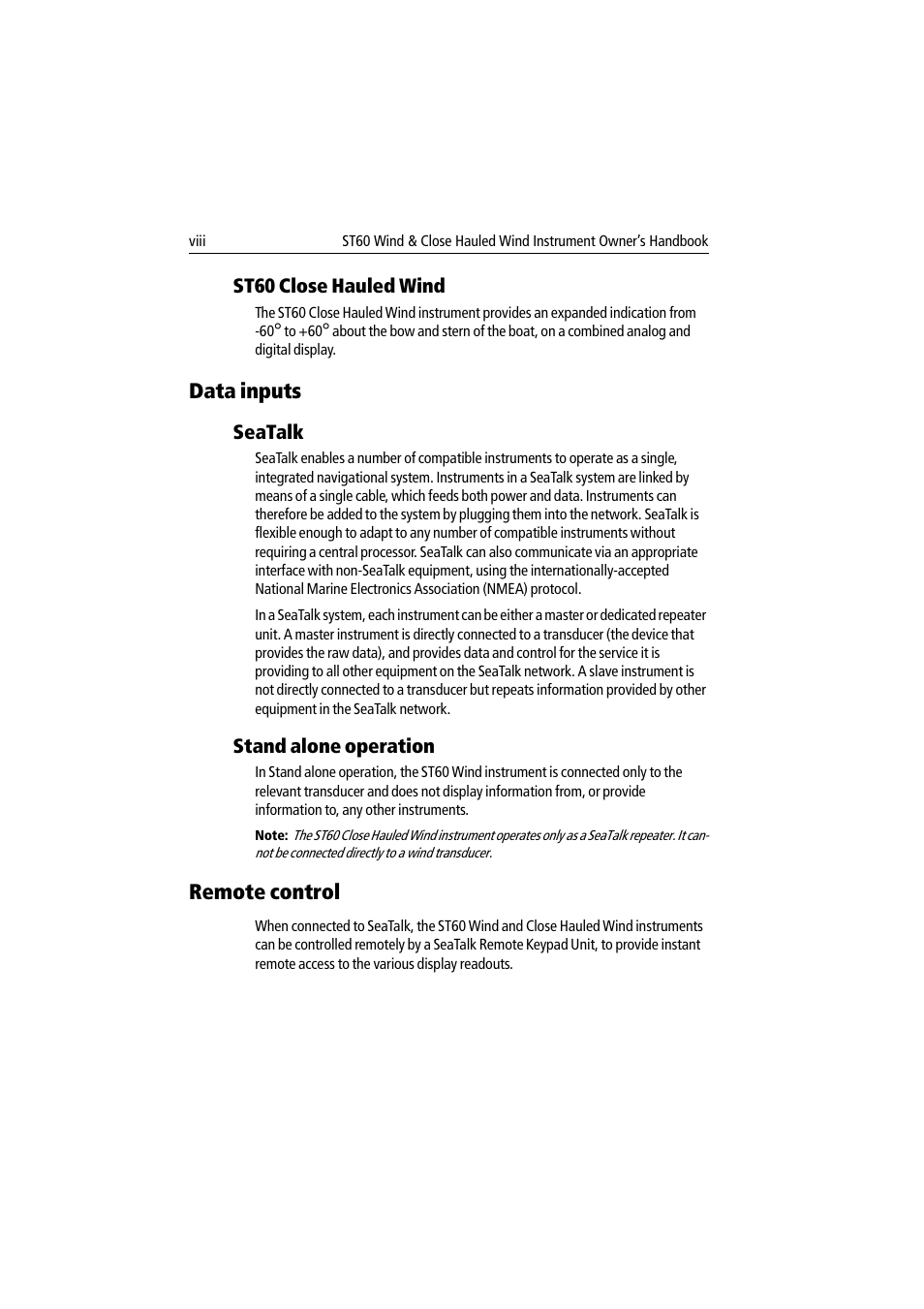 St60 close hauled wind, Data inputs, Seatalk | Stand alone operation, Remote control | Raymarine Wind & Close Hauled Wind Instrument ST60 User Manual | Page 10 / 52