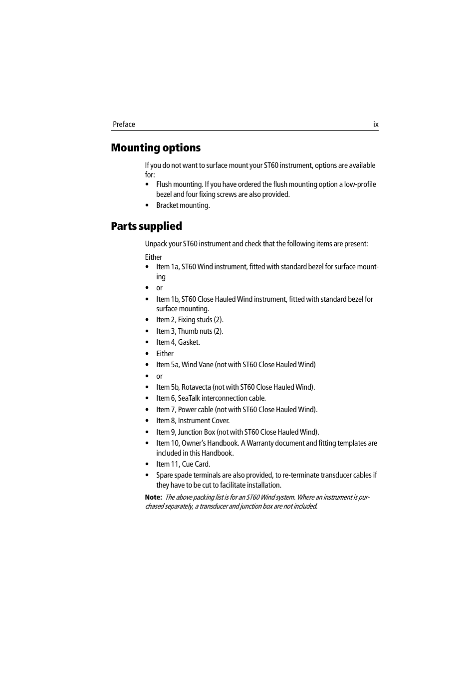 Mounting options, Parts supplied | Raymarine Wind & Close Hauled Wind Instrument ST60 User Manual | Page 11 / 52