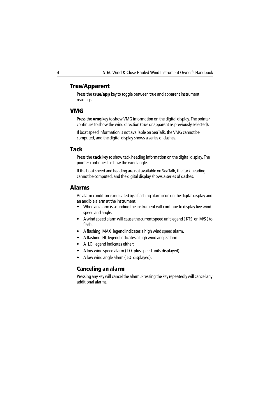 True/apparent, Tack, Alarms | Canceling an alarm, True/apparent vmg tack alarms | Raymarine Wind & Close Hauled Wind Instrument ST60 User Manual | Page 16 / 52