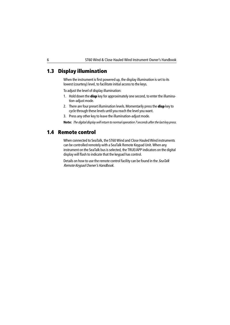 3 display illumination, 4 remote control, 3 display illumination 1.4 remote control | Raymarine Wind & Close Hauled Wind Instrument ST60 User Manual | Page 18 / 52