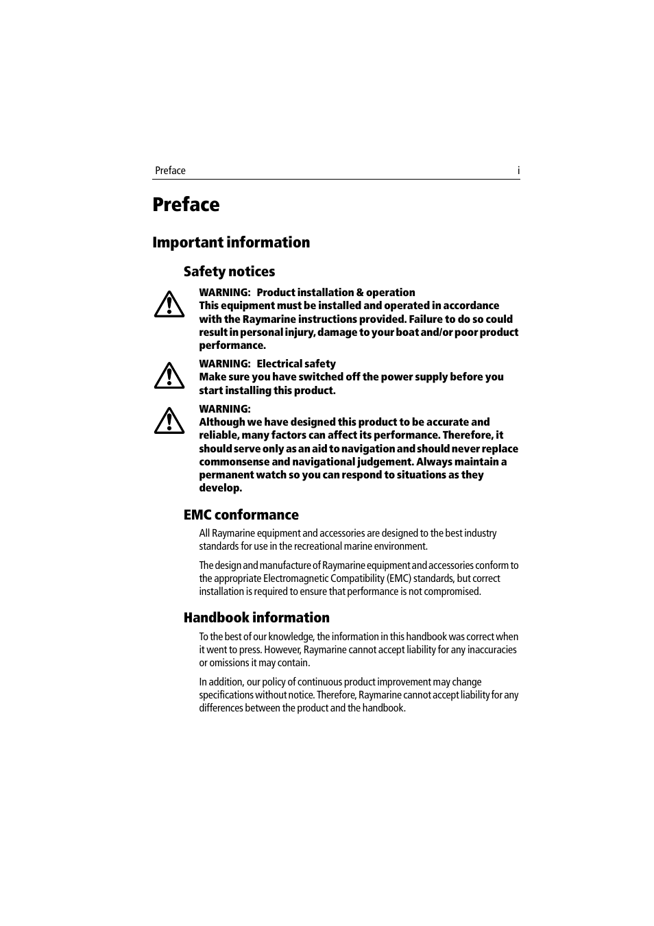 Preface, Important information, Safety notices | Emc conformance, Handbook information | Raymarine Wind & Close Hauled Wind Instrument ST60 User Manual | Page 3 / 52