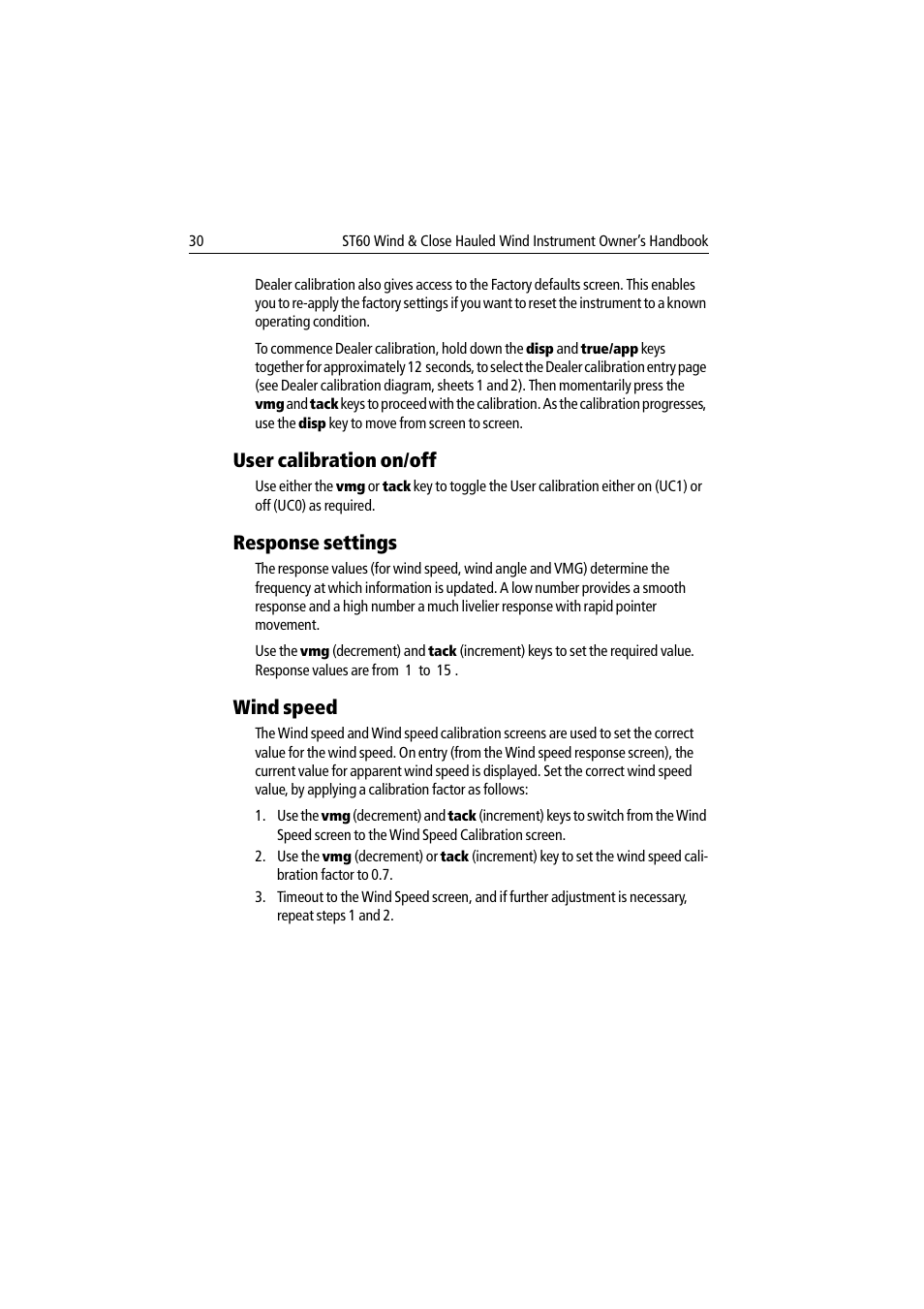 User calibration on/off, Response settings, Wind speed | Raymarine Wind & Close Hauled Wind Instrument ST60 User Manual | Page 42 / 52