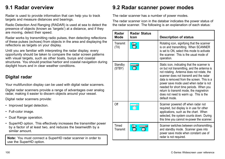 1 radar overview, 2 radar scanner power modes, Digital radar | Raymarine C140w User Manual | Page 100 / 222