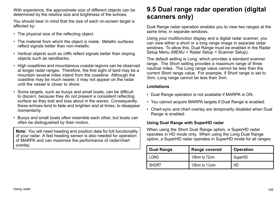 5 dual range radar operation (digital scanners, Only) | Raymarine C140w User Manual | Page 105 / 222