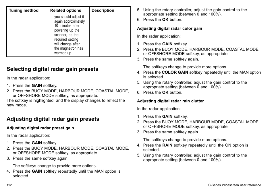 Selecting digital radar gain presets, Adjusting digital radar gain presets | Raymarine C140w User Manual | Page 112 / 222