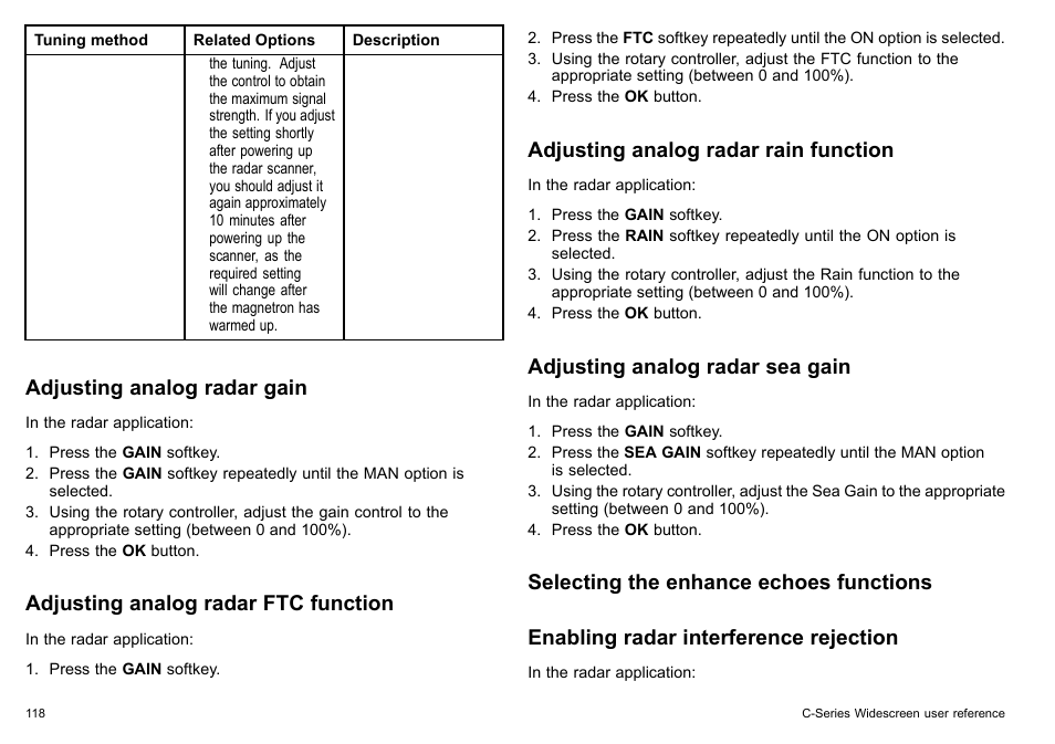 Adjusting analog radar gain, Adjusting analog radar ftc function, Adjusting analog radar rain function | Adjusting analog radar sea gain | Raymarine C140w User Manual | Page 118 / 222