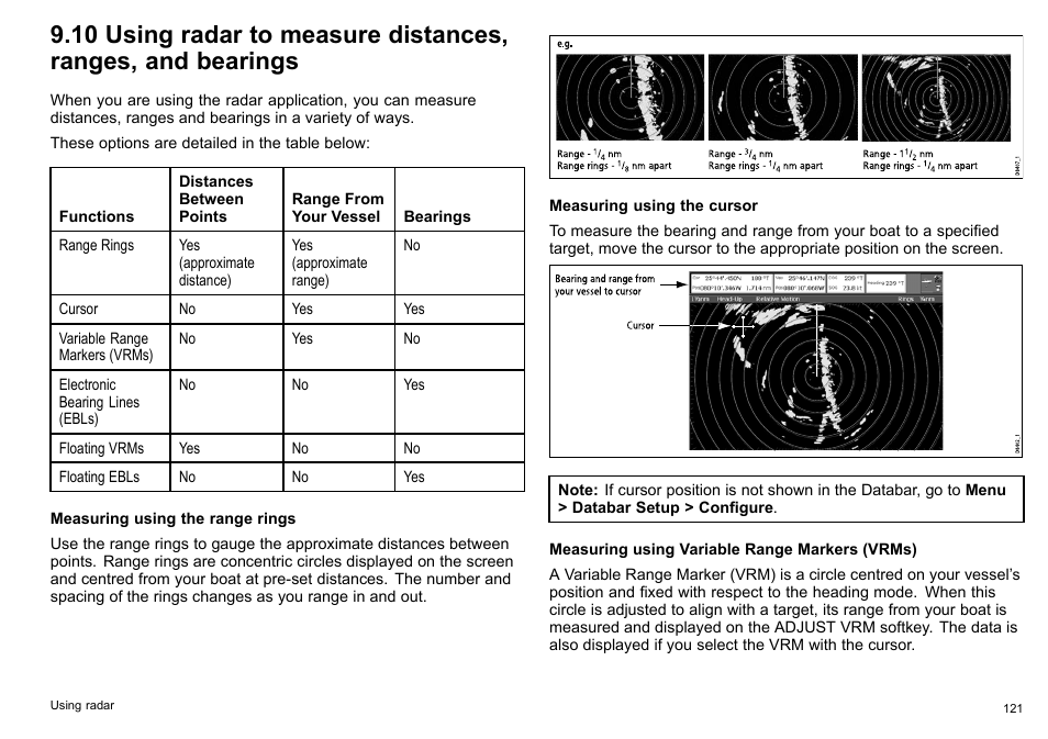 10 using radar to measure distances, ranges, and, Bearings | Raymarine C140w User Manual | Page 121 / 222