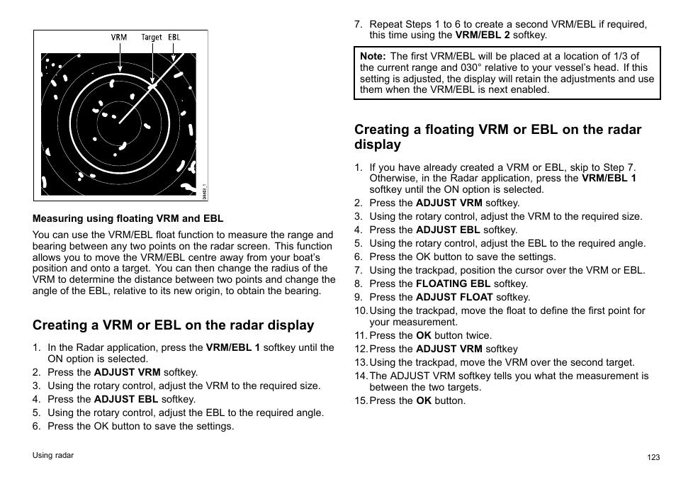 Creating a vrm or ebl on the radar display | Raymarine C140w User Manual | Page 123 / 222
