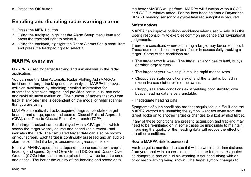 Enabling and disabling radar warning alarms, Marpa overview | Raymarine C140w User Manual | Page 125 / 222