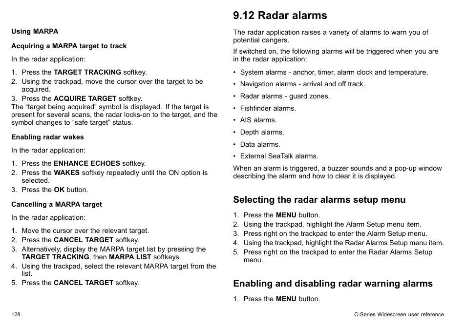 12 radar alarms, Selecting the radar alarms setup menu, Enabling and disabling radar warning alarms | Raymarine C140w User Manual | Page 128 / 222