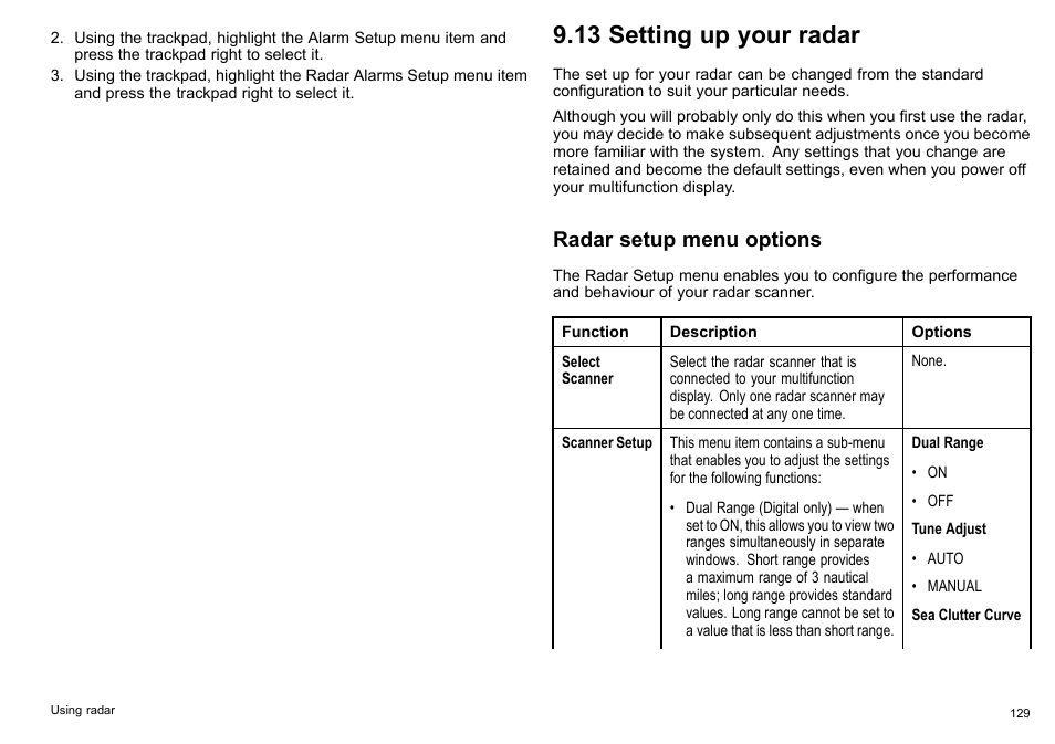 13 setting up your radar, Radar setup menu options | Raymarine C140w User Manual | Page 129 / 222