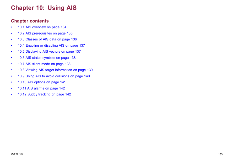 Chapter 10 using ais, Chapter 10: using ais, Chapter contents | Raymarine C140w User Manual | Page 133 / 222