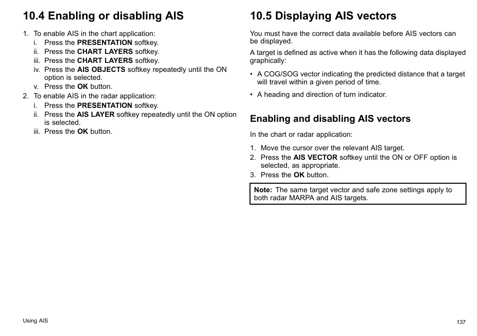 4 enabling or disabling ais, 5 displaying ais vectors, Enabling and disabling ais vectors | Raymarine C140w User Manual | Page 137 / 222