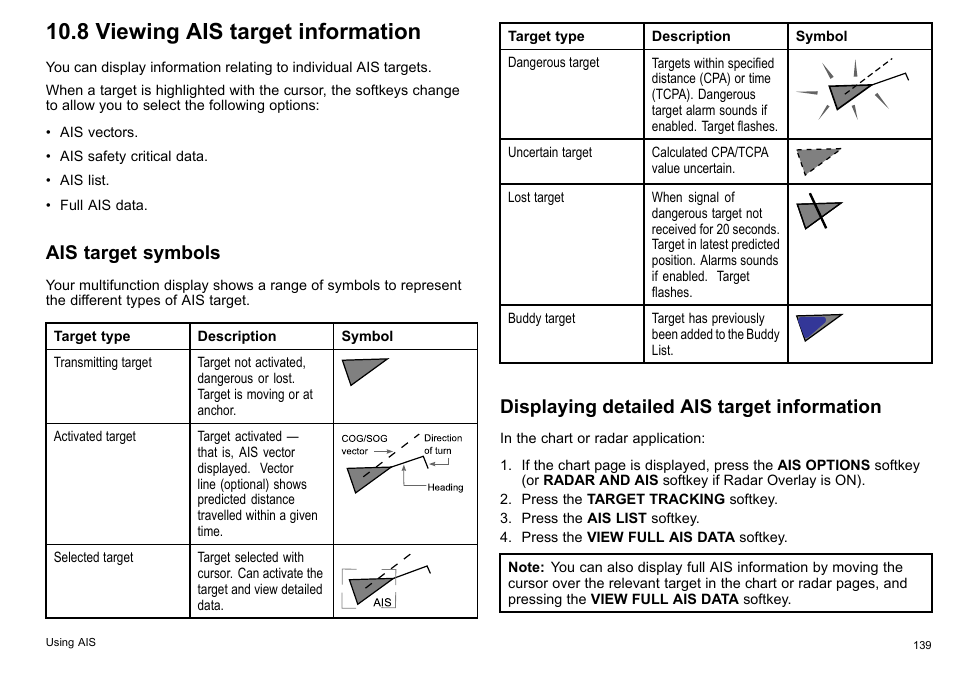 8 viewing ais target information, Ais target symbols, Displaying detailed ais target information | Raymarine C140w User Manual | Page 139 / 222