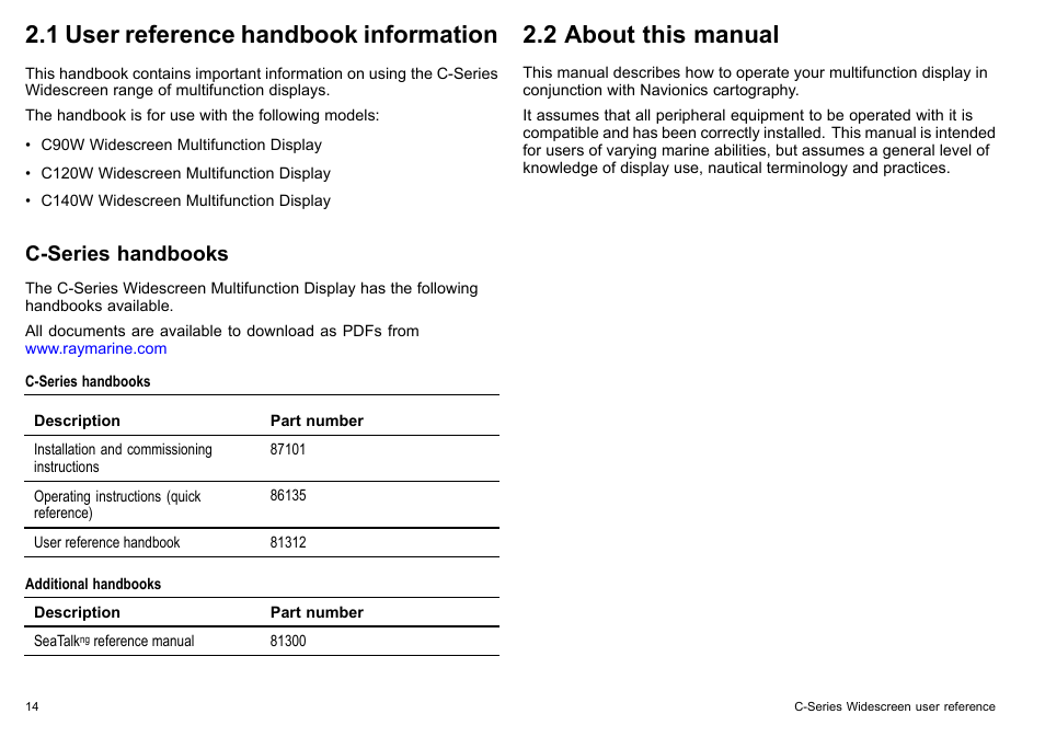 1 user reference handbook information, 2 about this manual, C-series handbooks | Raymarine C140w User Manual | Page 14 / 222