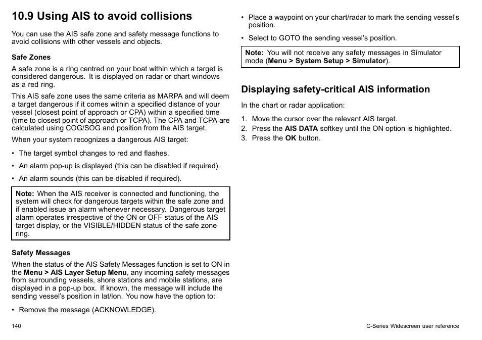 9 using ais to avoid collisions, Displaying safety-critical ais information | Raymarine C140w User Manual | Page 140 / 222