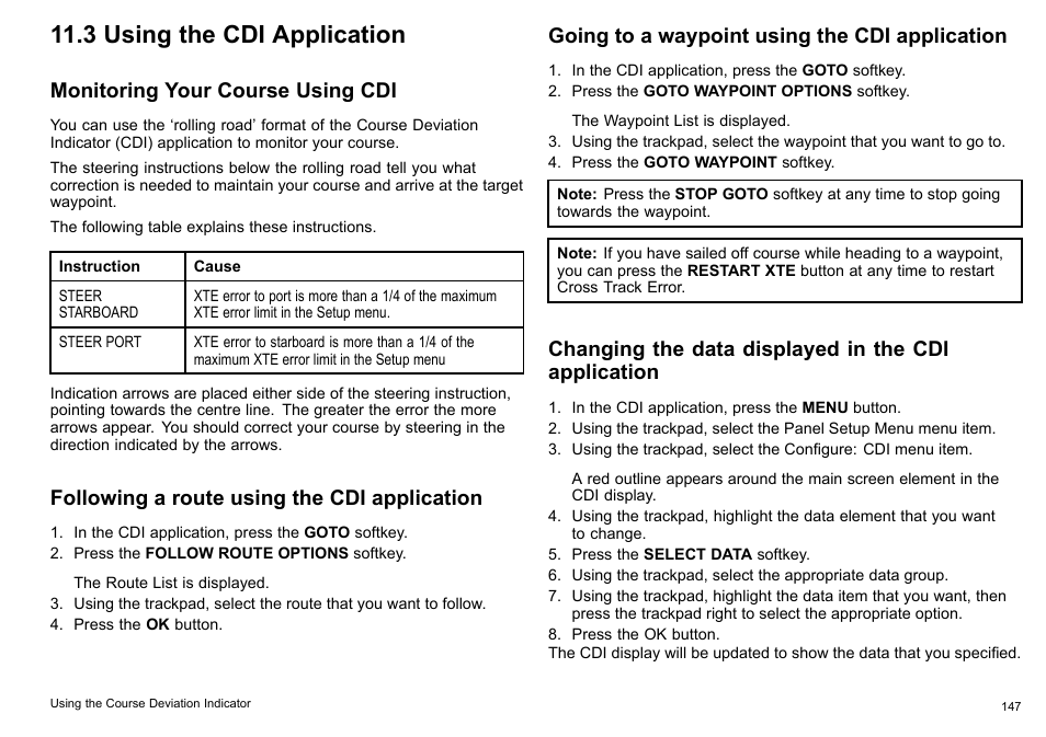 3 using the cdi application, Monitoring your course using cdi, Following a route using the cdi application | Going to a waypoint using the cdi application, Changing the data displayed in the cdi application | Raymarine C140w User Manual | Page 147 / 222