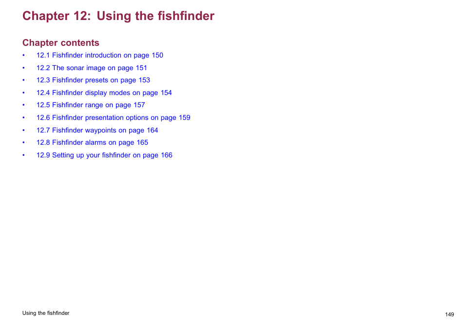 Chapter 12 using the fishfinder, Chapter 12: using the fishfinder, Chapter contents | Raymarine C140w User Manual | Page 149 / 222