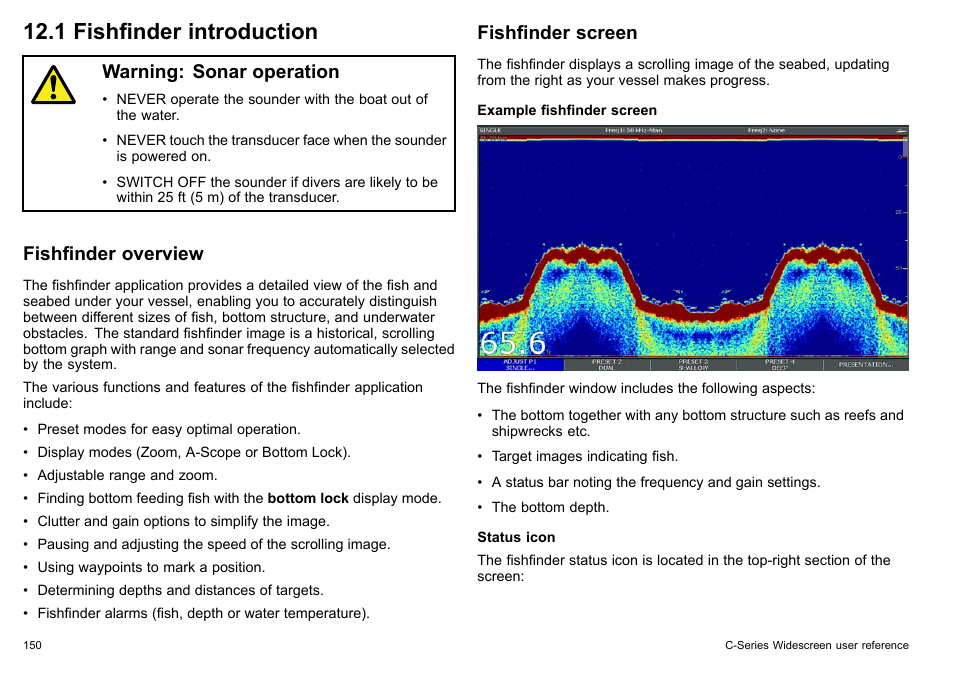 1 fishfinder introduction, Warning: sonar operation, Fishfinder overview | Fishfinder screen | Raymarine C140w User Manual | Page 150 / 222