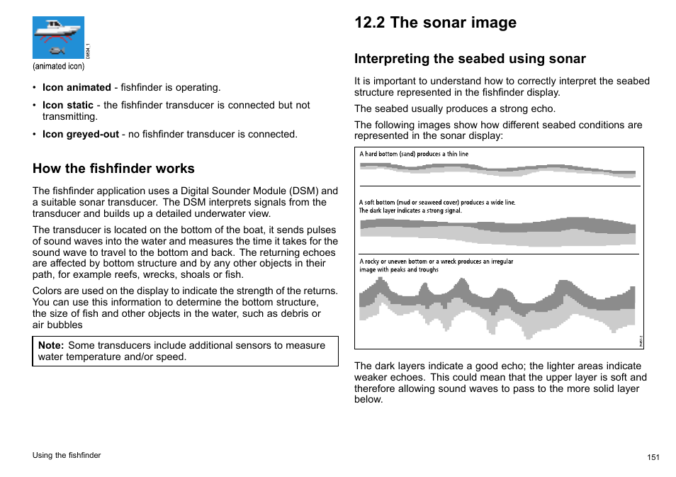 2 the sonar image, How the fishfinder works, Interpreting the seabed using sonar | Raymarine C140w User Manual | Page 151 / 222