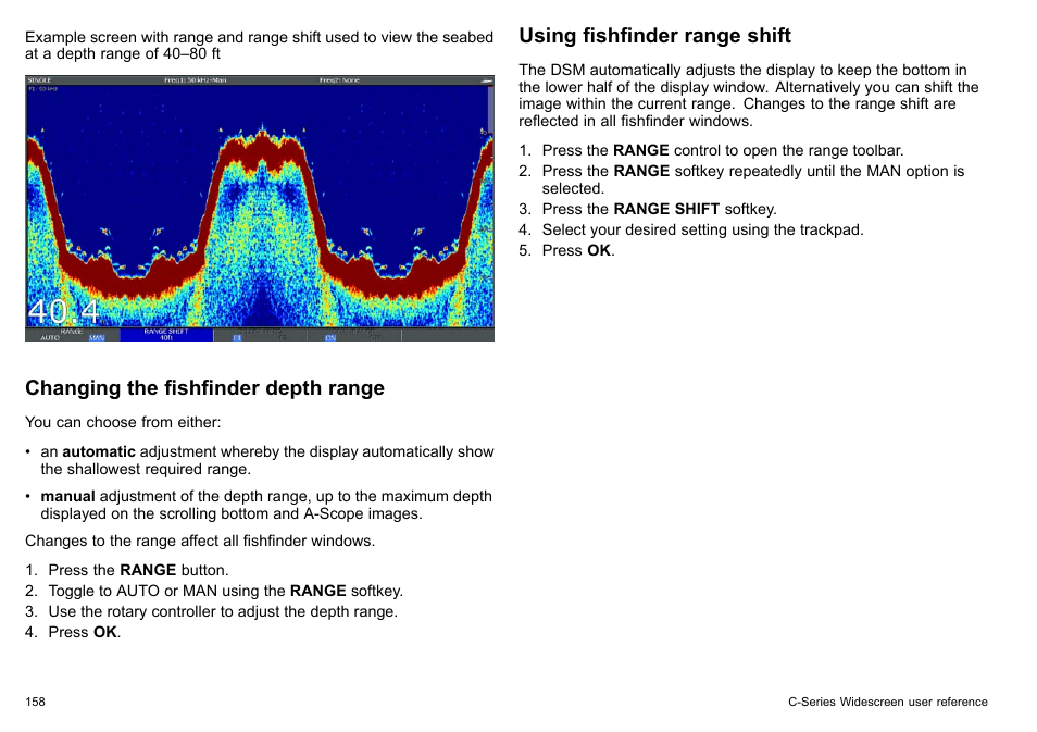 Changing the fishfinder depth range, Using fishfinder range shift | Raymarine C140w User Manual | Page 158 / 222