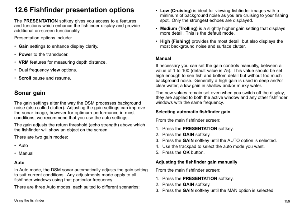 6 fishfinder presentation options, Sonar gain | Raymarine C140w User Manual | Page 159 / 222