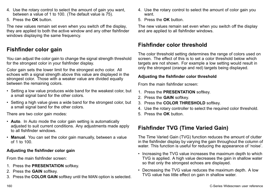 Fishfinder color gain, Fishfinder color threshold, Fishfinder tvg (time varied gain) | Raymarine C140w User Manual | Page 160 / 222