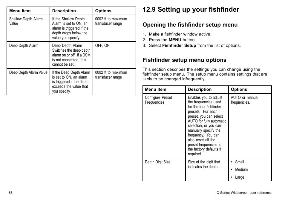 9 setting up your fishfinder, Opening the fishfinder setup menu, Fishfinder setup menu options | Raymarine C140w User Manual | Page 166 / 222